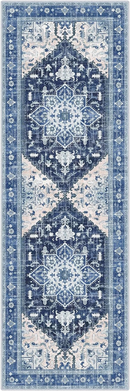Yamaziot Washable Runner Rug, 2x6 Non-Slip Boho Vintage Hallway Rug Runner with Rubber Backing, Stain Resistant & Low Pile Faux Wool Distressed Carpet Runner for Kitchen, Laundry, Entrance, Blue