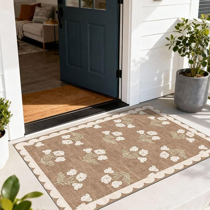 Floral Outdoor Rug - 28" x 43" Spring Front Door Mat Indoor Outside Entrance Non-Slip Washable Outdoor Mat Tan Boho Neutral Farmhouse Throw Rugs for Entryway Kitchen Bedroom Front Porch Decor