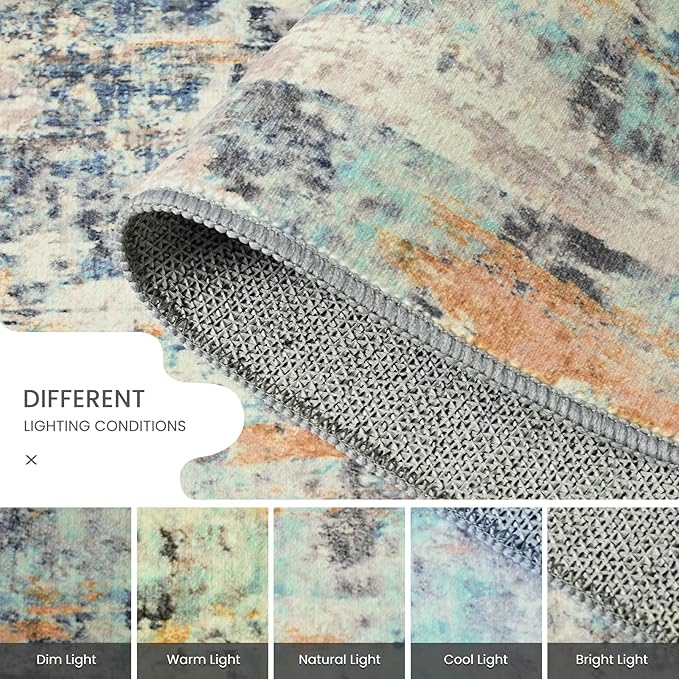 Ompaa Living Room Rug 5x7 Blue Area Rug Machine Washable Boho Rug Non Slip Abstract Vintage Indoor Large Rugs for Bedroom, Classroom, College Dorm, Farmhouse, Dining Room, Kids Playroom