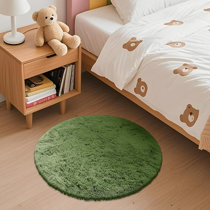 OLANLY Green Round Rugs for Bedroom - Machine Washable, 2 ft Circle Area Rugs for Living Room, Soft and Fluffy Shaggy Carpet for Teen Girl and Boys, Nursery Rooms, Dorms, Home Decor Aesthetic