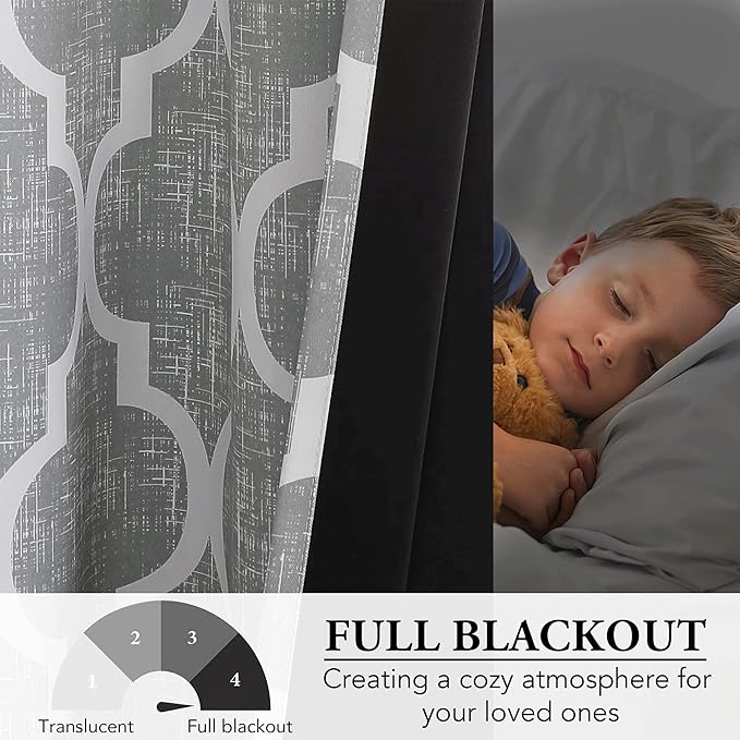 Beauoop 100% Blackout Curtains 72 Inches Long 2 Panels for Bedroom Living Room Grey Moroccan Geo Room Darkening Thermal Insulated Soundproof Grommet Top Window Treatments Drapes, 50x72 Set of 2