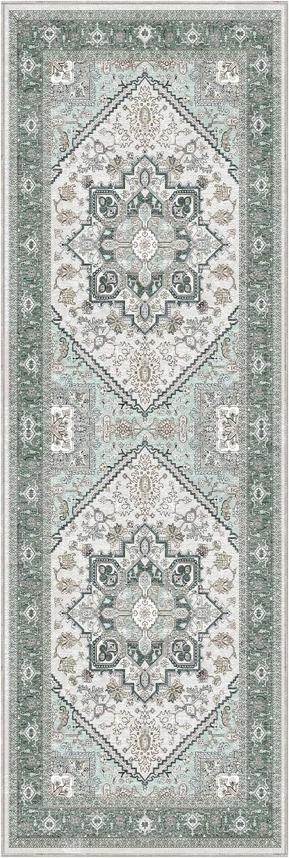 OPPODREAM Soft Entryway Rug 2x6, 2x6 Rug Runner, Washable Hallways Carpet 2 x 6 with Non Slip Backing, Low-Pile Bedside Carpet 2 x 6, Long, Faux Cashmere, Green