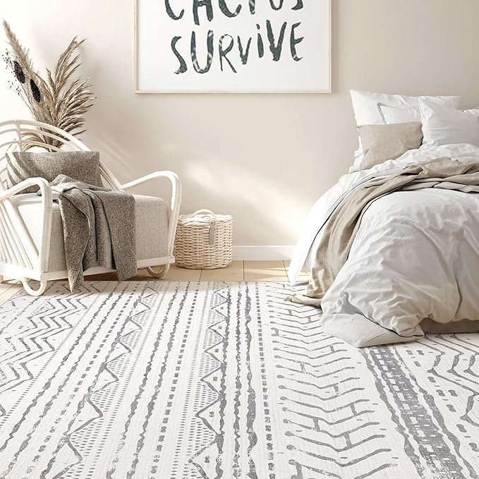 Nakagishi 5x7 Area Rug Living Room: Machine Washable Boho Large Neutral Farmhouse Stain Resistant Indoor Floor Rugs Moroccan Carpet for Bedroom Nursery Dorm Classroom Playroom Dining Room- Grey White