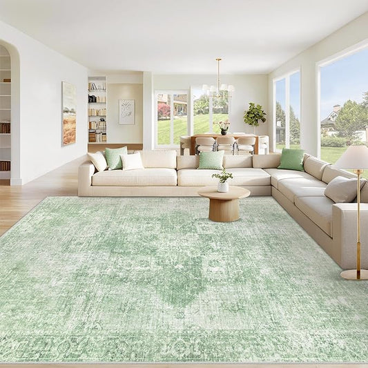 Area Rug 10x14 Washable Rug, Vintage Boho Medallion Rugs Non-Slip Soft Low Pile Large Distressed Rug Indoor Retro Carpet for Living Room Bedroom Dining Room Home Office (SageGreen, 10'x14')