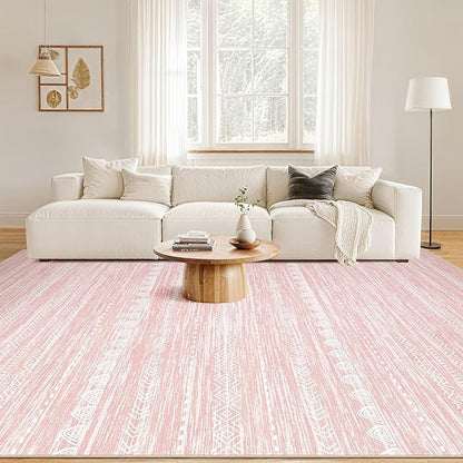 Nakagishi Pink Rugs for Bedroom Girls: 4x6 Washable Boho Large Neutral Area Rug Cute Soft Modern Indoor Floor Non Slip Accent Carpet for Living Room Nursery Kids Playroom Dorm Preppy Baby Room Decor