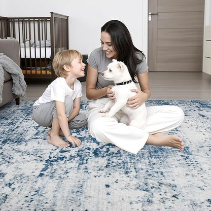 10x12 Area Rug Living Room Rug: Washable Modern Abstract Soft Thin Rug Indoor Floor No Slip Stain Resistant Carpet for Bedroom Dining Room Farmhouse Nursery Home Office - Blue