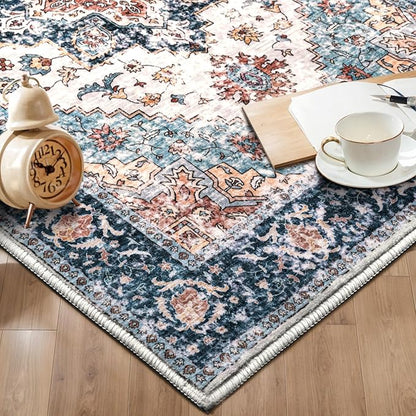 SERISSA Boho Rugs for Entryway, 2x3 Entryway Rug Non-Slip Washable Small Area Rug, Ultra Soft Oriental Vintage Low-Pile Indoor Door Mat Blue Orange Floor Carpet for Entrance Bedroom Kitchen Bathroom
