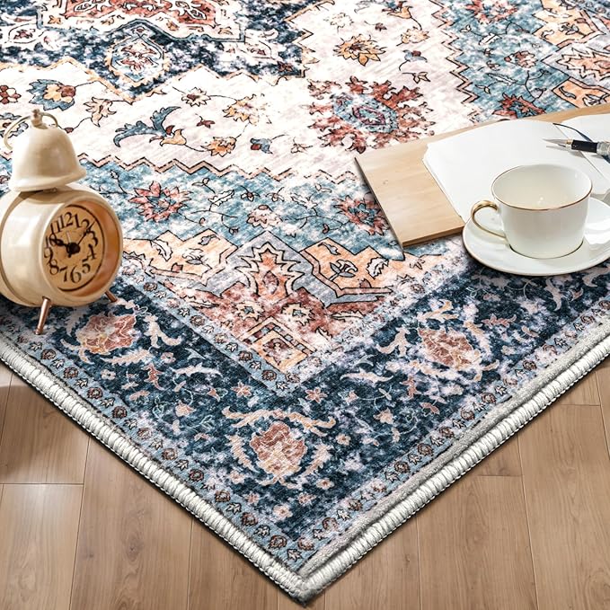 SERISSA Boho Washable Runner Rug, 2'6"x8' Non-Slip Vintage Blue Orange Hallway Kitchen Runner Rug Ultra Soft Print Distressed Tribal Floor Carpet for Bedroom Bathroom Laundry Room