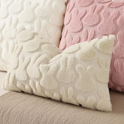 decorUhome Easter Bunny Pillow Covers 12x20 Inch Set of 2, Soft Plush Faux Wool Jacquard Beige Rabbit Cushion Covers, Farmhouse Neutral Spring Easter Holiday Decor for Couch Sofa Bed