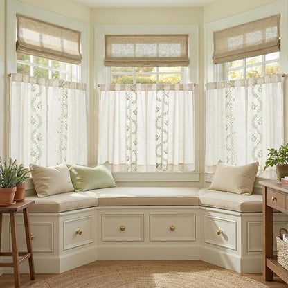 jinchan Belrose Linen Floral Kitchen Curtains 36 inch Length Embroidered Farmhouse Cafe Curtains for Living Room Bathroom Small Windows Curtain Set Sheer Light Filtering 2 Panels Sage Green