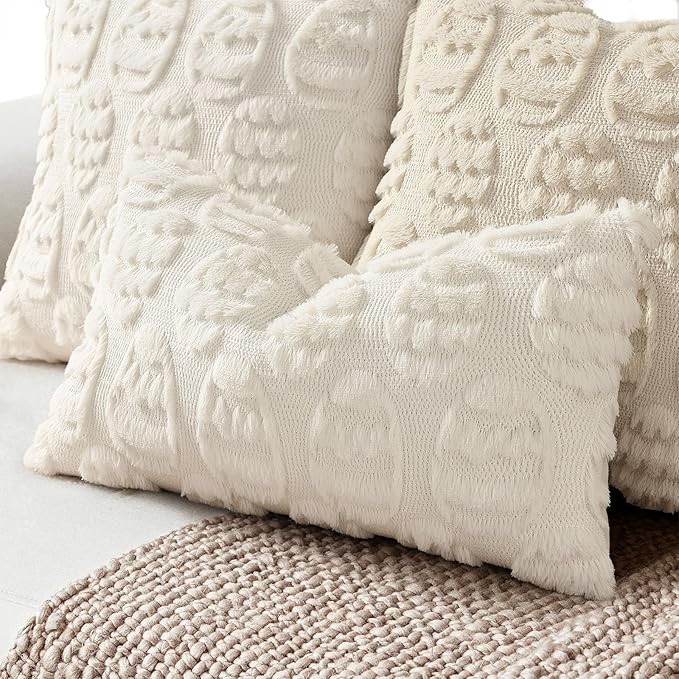 decorUhome Easter Cream White Egg Pillow Covers 12x20 Inch Set of 2, Soft Plush Faux Wool Jacquard Cushion Covers, Farmhouse Neutral Fuzzy Spring Easter Holiday Decor for Couch Sofa Bed