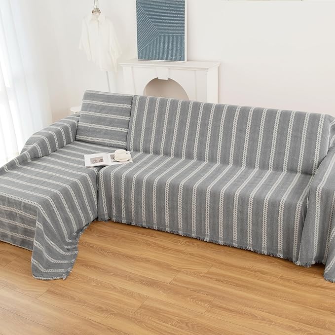 Couch Cover for Dogs, Boho Sofa Covers for 3 Cushion Couch, Chenille Sofa Slipcover for Pets Washable, L-Shape Sectional Loveseat Cover Soft Throw Blankets with Tassels(91x134,Striped Grey)