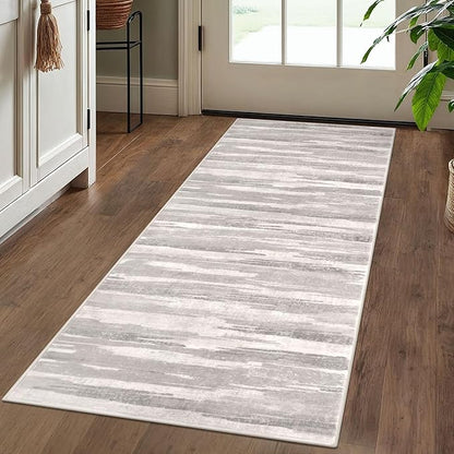 Lansny Modern Abstract Runner Rug 2x5, Neutral Light Beige and Grey Washable Entryway Kitchen Non-Slip Soft Hallway Runner Thin Print Faux Wool Carpet for Bedroom Laundry Room Indoor