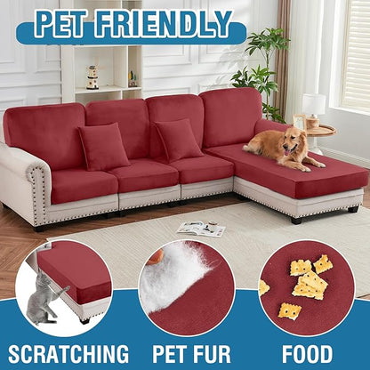 Couch Cover 8-Piece Elastic Velvet Couch Cushion Covers & Chaise Slipcovers for L-Shaped Sofas, Sofa Seat Covers Washable, Soft Cover for Couches (7 Seater + Chaise, Christmas Red)