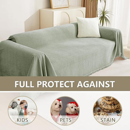 MYSKY HOME Couch Cover L Shape, Sectional Couch Covers, Couch Cover Blanket Furniture Protector for Pets, Sofa Covers Tassel Chenielle Sofa Slipcover Soft Throw Couch for Dogs,91"X150", Sage Green