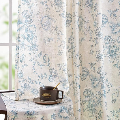jinchan Linen Blend Curtain Floral Curtains for Living Room 54 Inch Length Blue Printed Curtain Rod Pocket Back Tab Farmhouse Peony Flower Patterned Drapes Bedroom Window Curtains Set 2 Panels