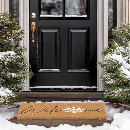 Barnyard Designs Natural Coco Coir Christmas Doormat - Large Cute Non-Slip Heavy Duty Backing Door Mat for Outside Entrance or Porch Entry, Brown (24x36, Winter Snowflake)