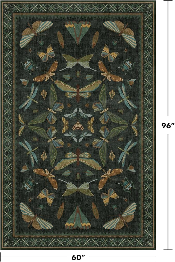 Hazo Haus Black and Green Rug 5x8 for Living Room - Dark Moody Rugs for Dining Room Table, Playroom, Home Office, Insect Floral Moth Décor, Washable Non Skid Foldable