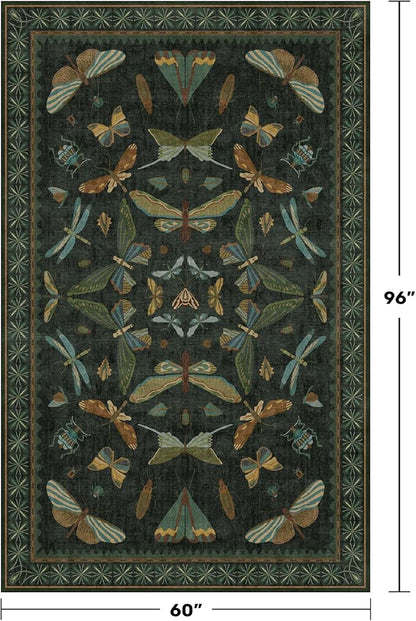 Hazo Haus Black and Green Rug 5x8 for Living Room - Dark Moody Rugs for Dining Room Table, Playroom, Home Office, Insect Floral Moth Décor, Washable Non Skid Foldable