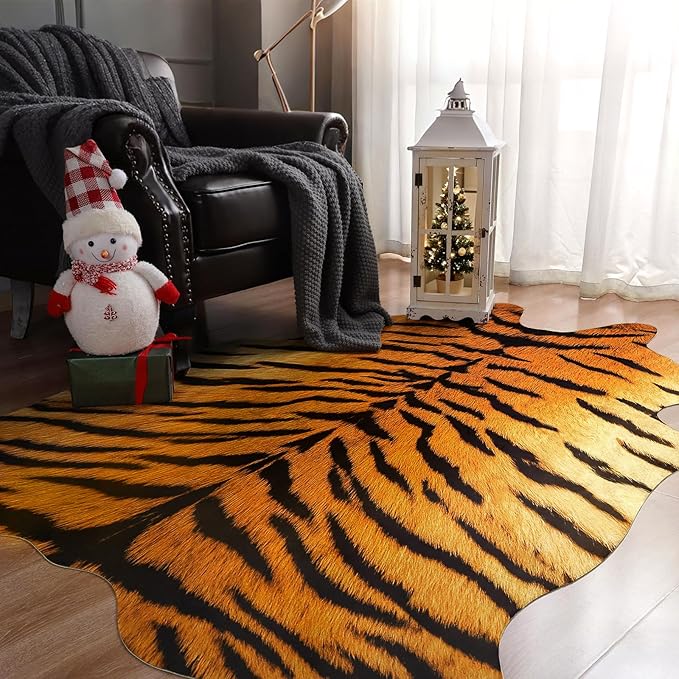 AROGAN Premium Tiger Print Rug 6.2x7 Feet, Machine Washable Faux Fur Rug, Non-Slip Animal Print Hide Tiger Skin Area Rug for Bedroom Living Room Home Decor