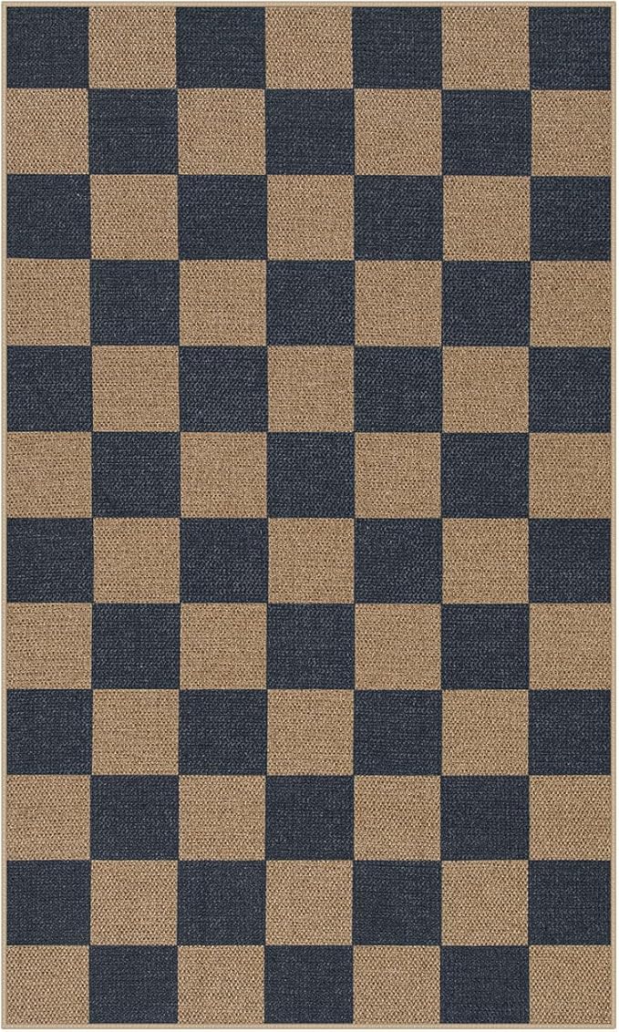 Lahome Colette Checkered Easy Jute Indoor Outdoor Carpet, 3x5 Washable Rugs for Entryway Living Room Farmhouse Area Rug, Non Slip Blue Checkerboard Indoor Door Mat for Entry Patio Deck
