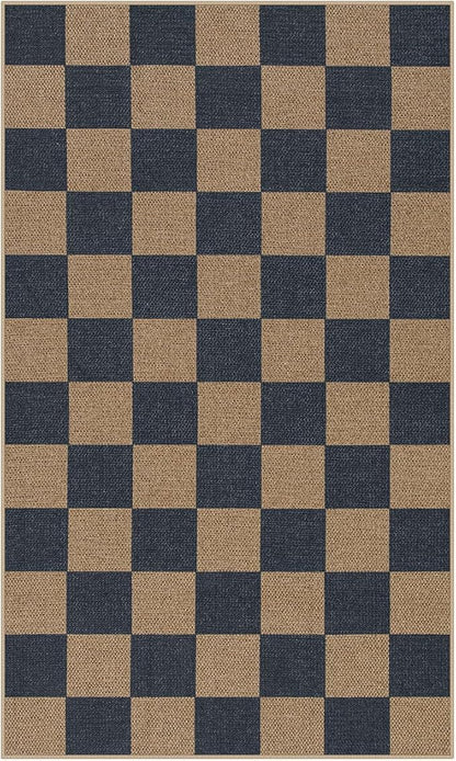 Lahome Colette Checkered Easy Jute Indoor Outdoor Carpet, 3x5 Washable Rugs for Entryway Living Room Farmhouse Area Rug, Non Slip Blue Checkerboard Indoor Door Mat for Entry Patio Deck