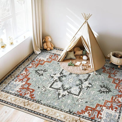 Lofus 9x12 Area Rugs for Living Room, Machine Washable Area Rug, Soft Large Rugs for Bedroom, Kitchen, Office and Indoor, Vintage Boho Carpet, Non-Slip Low Pile Carpets, Beige Orange