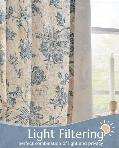 jinchan Lined Linen Floral Curtains for Living Room, 96 Inch Length Printed Flower Farmhouse Patterned French Country Back Tab Blue Window Drapes Set Privacy Bedroom Curtains, 2 Panels