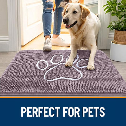 OLANLY Dog Door Mat for Muddy Paws 48x30, Paw Print Design, Absorbs Moisture and Dirt, Absorbent Non-Slip Washable Doormat, Quick Dry Chenille Mud Mat, Entry Indoor Entryway Carpet, Deep Plum