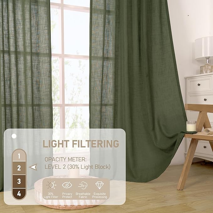 LAMIT Sheer Linen Curtains for Living Room, Back Tab and Rod Pocket Olive Green Curtains Light Filtering Country Rustic Christmas Drapes for Bedroom/Farmhouse, 2 Panels, 52 x 102 Inch