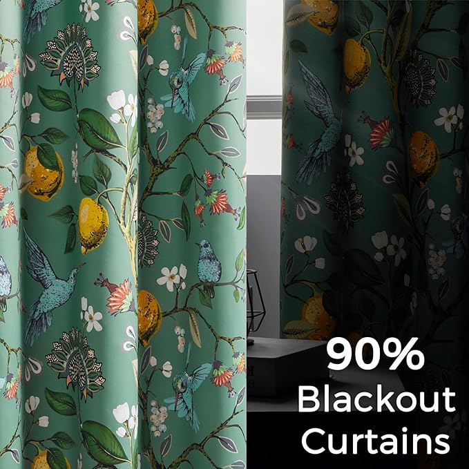 Topfinel Kitchen Curtains 45 Inch Length Floral Spring Curtains for Cafe, Vintage French Country Grommet Botanical Hummingbird Woodland Victorian Patterned Sage Green Blackout Curtains 45 Inches Long