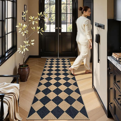 Lahome Colette Checkered Easy Jute Runner Rug, 2x8 Hallway Kitchen Runner Rug Non Slip Washable Outdoor Carpet for Entryway Indoor, Checkerboard Black Indoor Outdoor Carpet for Hallway 8ft Entry
