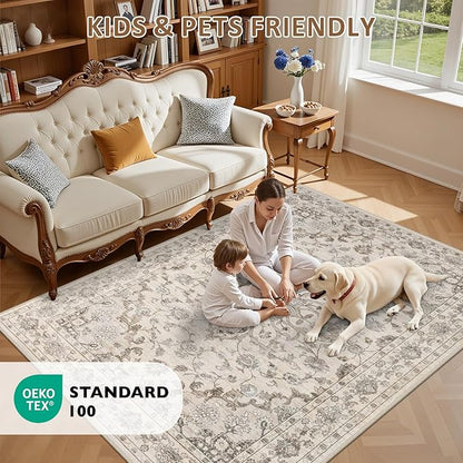 3x5 Area Rugs Living Room Rug: Washable Vintage Distressed Floral Rug No Slip Stain Resistant Soft Carpet Indoor Floor Large Carpets for Bedroom Dining Room Farmhouse Nursery Home Office Brown Beige