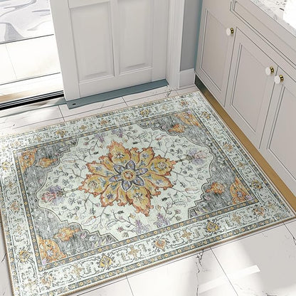 RELEANY Area Rugs 2'x3' Washable Non-Slip, Floral Vintage Distress Print Pattern Medallion Carpet for Living Room Bedroom Dining Room, Light Yellow Carbon Grey Orange