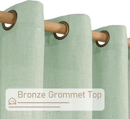 LAMIT Linen Curtains for Living Room 84 inch Length 2 Panels, Light Filtering Semi Sheer Panels Bronze Grommet Farmhouse Drapes for Bedroom/Sliding Glass Door, Fresh Green, 52 x 84 Inch