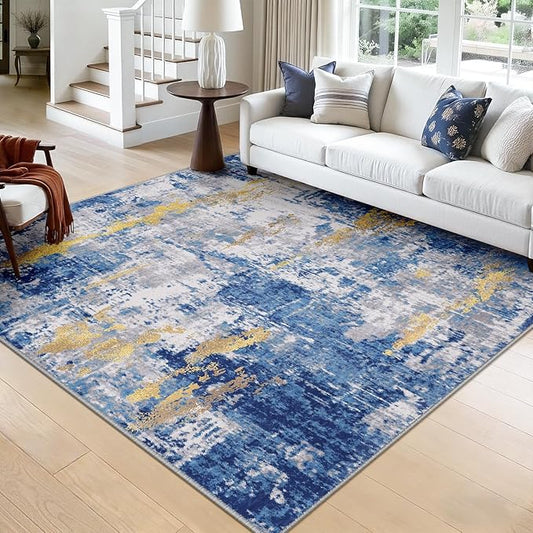 Washable Area Rugs Square 8ft Non-Slip Modern Abstract Soft for Living Room Entryway Bedroom Nursery, Print Pattern, Grey Blue Gold/Golden