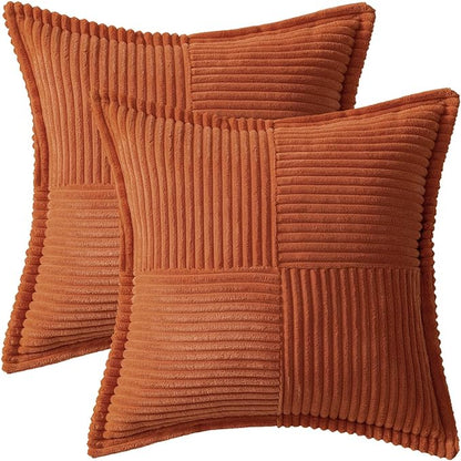 MIULEE Rust Decorative Throw Pillow Covers for Couch Bed Livingroom 18x18 Inch Set of 2 Boho Accent Throw Pllows Broadside Striped Patchwork Soft Corduroy Pillowcases
