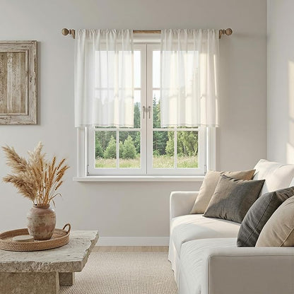 MYSKY HOME Small Window Natural Curtains for Kitchen, Short Cafe Curtains 24 Inches Long Semi Sheer Light Filtering Window Panels Rod Pocket Valance Drapes for Bathroom Basement, 2 Panels, 34" Wide