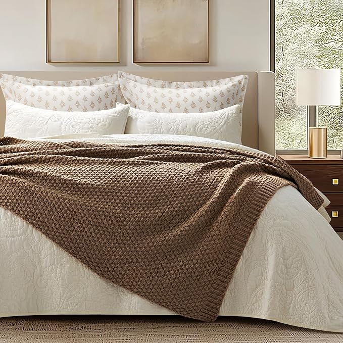 EVERGRACEHOME Chunky Chenille Knit Throw Blanket for Couch, Soft Luxurious Moss Stitch Blankets for Bed, Cozy Decorative Farmhouse Knitted Throws for Sofa, Camel Brown, 60" x 80"