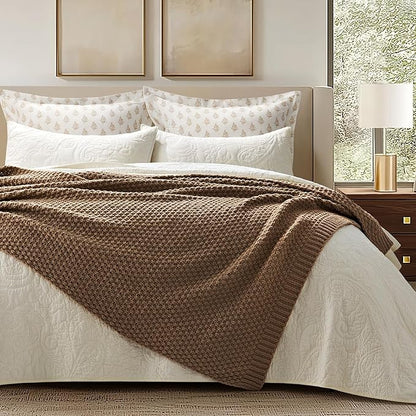 EVERGRACEHOME Chunky Chenille Knit Throw Blanket for Couch, Soft Luxurious Moss Stitch Blankets for Bed, Cozy Decorative Farmhouse Knitted Throws for Sofa, Camel Brown, 60" x 80"