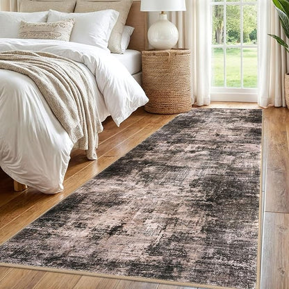IOHOUZE Abstract Runner Rug 3x8 Ft Washable Runners for Hallways, Non Slip Kitchen Runner Printed Faux Wool Entryway Runner Indoor, Modern Abstract Floor Carpet for Hall Bedroom, Brown/Rust