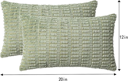 Pack of 2 Corduroy Decorative Throw Pillow Covers 12x20 InchSoft Boho Striped Pillow Covers Modern Farmhouse Home Decor for Sofa Living Room Couch Bed（Sage Green）