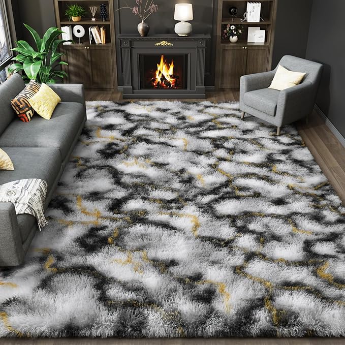 LOCHAS Ultra Soft Indoor Modern Area Rugs Fluffy Living Room Carpets for Children Bedroom Home Decor Nursery Rug 8 x10 Feet, Grey-Gold