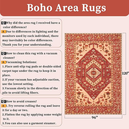 SERISSA Washable Rugs 8x10 Area Rugs, Large Non-Slip Boho Living Room Rug, Ultra Soft Oriental Vintage Red Print Distressed Carpet for Dining Room Bedroom Dorm Office Home Decor