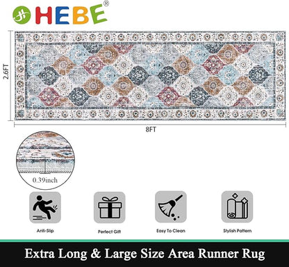HEBE Hallway Runner Rug 2'8"x8' Washable Vintage Distressed Area Rugs Non Slip Laundry Rug Runner Boho Floor Carpet Runners for Hallways Entryway Laundry Room Kitchen Bathroom