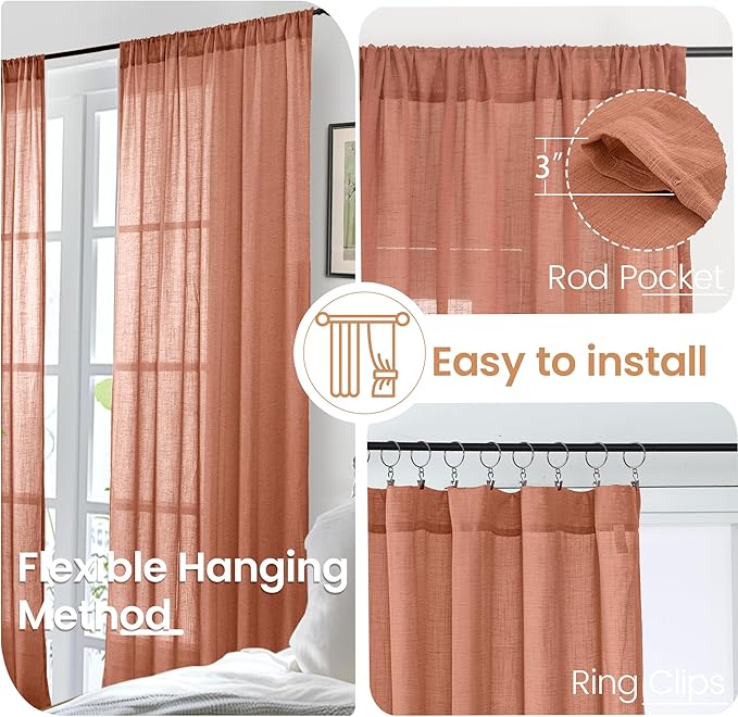 BGment Rust Terracotta Linen Kitchen Window Curtains 40 Inch Length, Short Burnt Orange Drapes Semi Sheer for Cafe Over Sink Bathroom Decor with Rod Pocket Lightweight, 2 Panels Set, Each 42 Inch Wide