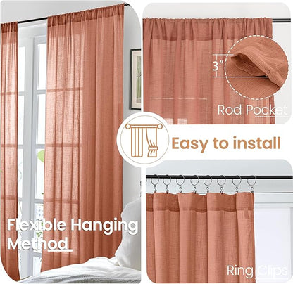 BGment Rust Terracotta Linen Kitchen Window Curtains 40 Inch Length, Short Burnt Orange Drapes Semi Sheer for Cafe Over Sink Bathroom Decor with Rod Pocket Lightweight, 2 Panels Set, Each 42 Inch Wide