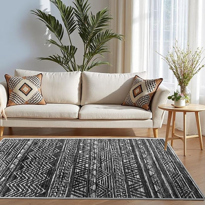 3x5 Washable Entryway Area Rug: Modern Moroccan Small Runner Rug Indoor Soft Non Slip Rug for Living Room Low Pile Thin Floor Carpet for Kitchen Dining Room Bedroom Home Office Decor(3x5,Black)