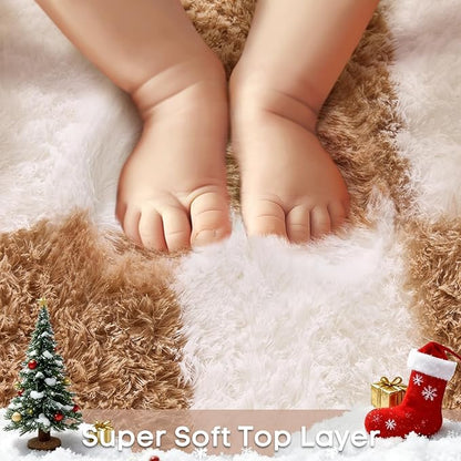 Ophanie Checkered Beige & White Rug for Living Room Bedroom, Fluffy Soft Cute Fuzzy Area Rugs, Shag Plush Shaggy Bedside Floor 6x9 Furry Carpet for Kids Baby Teen Dorm Nursery Home Decor Aesthetic