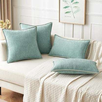 MIULEE Pack of 2 Couch Throw Pillow Covers Farmhouse Decorative Pillow Covers with Stitched Edge Soft Chenille Solid Dyed Pillow Covers for Sofa Bed Living Room 20x20 Inch Aqua Blue